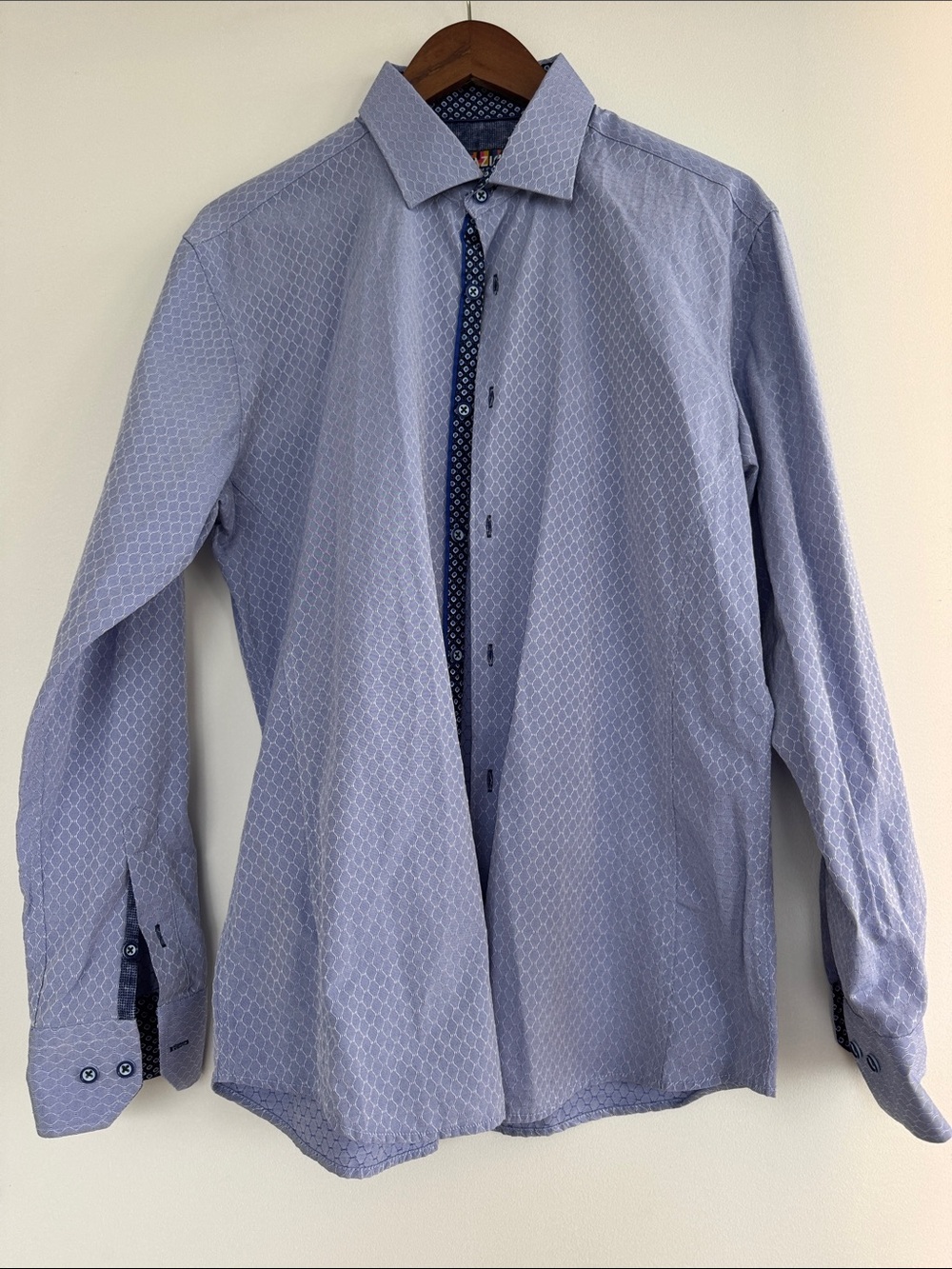 Men's Light Blue Geometric Dress Shirt with Contrast Placket
